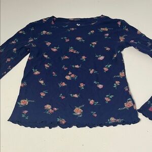 SO Medium Navy Blue Long Sleeve Floral Print Lettuce Edge Hem Stretchy Blouse